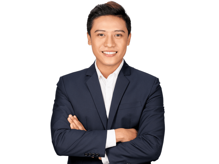 Lao translation services, Happy Asian young businessman standing cross-armed on white background