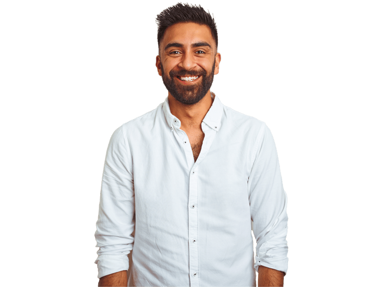 Latin american spanish translation services, Young indian man wearing elegant shirt standing over isolated white background with a happy and cool smile on face.
