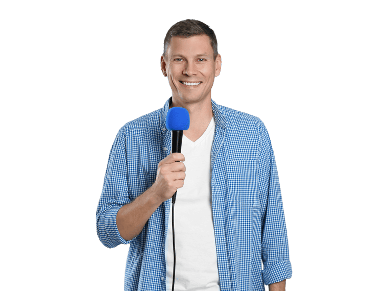 Latvian interpreting services man smiling while holding a microphone