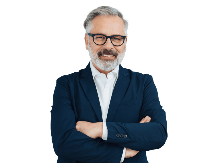 Legalised translation man with glasses in blue jacket folded arms