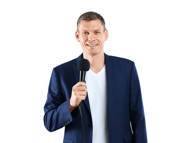 Lithuanian interpreting services man in a blue suit confidently holds a microphone