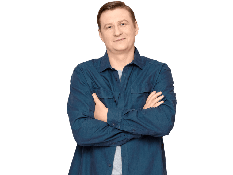 Lithuanian translation services, Studio portrait of happy blond mature man wearing casual blue shirt, holding arms folded on chest