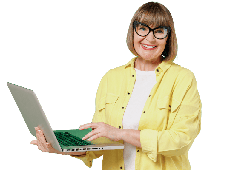 Machine Translation Service, Beautiful middle aged lady holding laptop and smiling posing to camera.