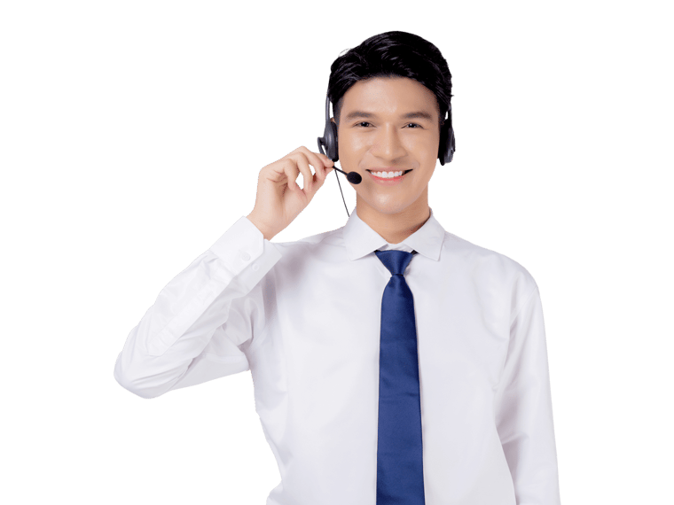 Malay interpreting services man in a white shirt and blue tie holding a headset
