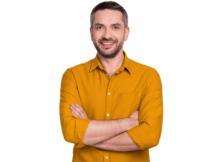 Maltese translation services, Portrait of content candid manager man cross hands wear stylish clothes