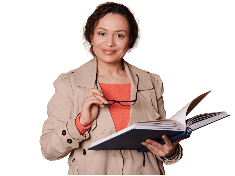 Manuals translation services, Confident positive middle-aged multi-ethnic female teacher, professor, educator, holding eyeglasses and book 