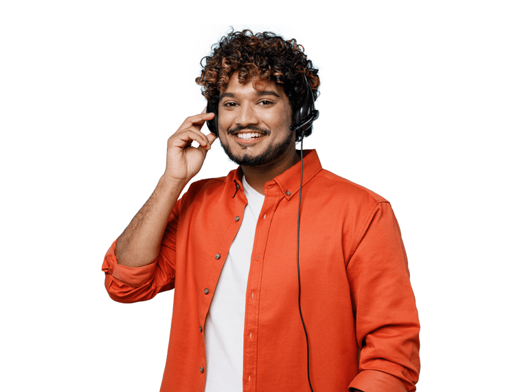 Marathi interpreting services man with curly hair wearing headphones