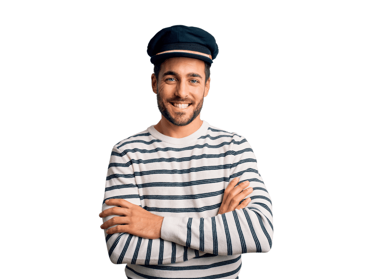 Marine translation services man wearing a striped shirt and cap, standing confidently