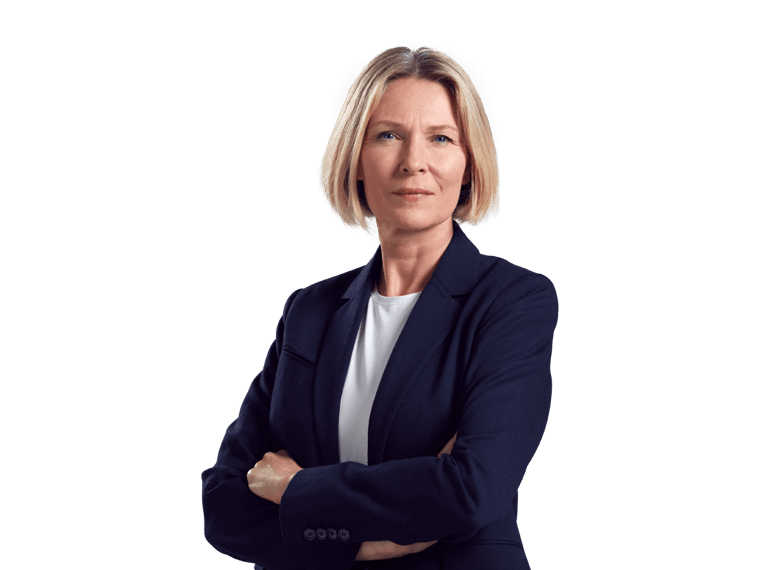 Market research translation services Professional woman in suit with crossed arms