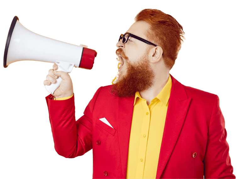 Marketing translation services symbolised by funny chubby guy shouting through megaphone 