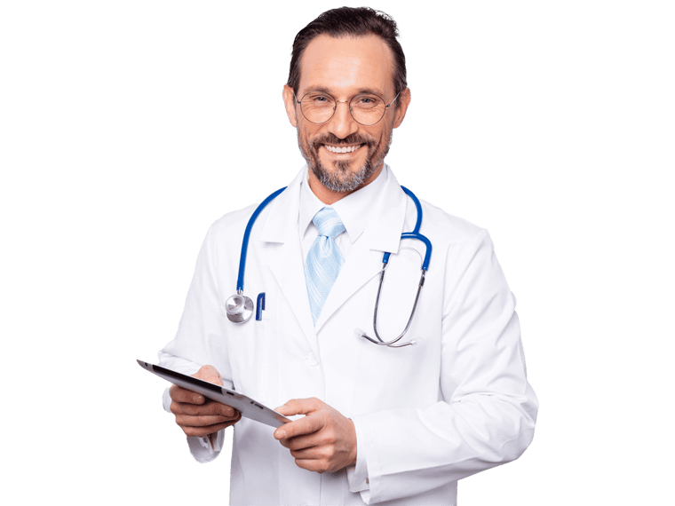 Medical Device Translation Services UK, A doctor dressed in a white coat, wearing a stethoscope around his neck and holding a medical record in his hand.