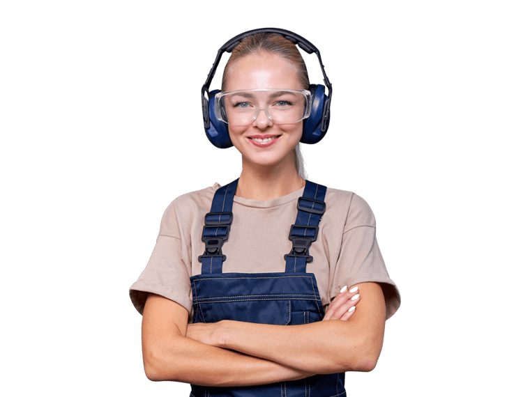 Msds translation service woman wearing overalls and headphones
