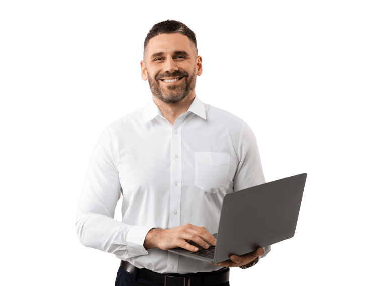 Multilingual dtp services Smiling guy holding laptop