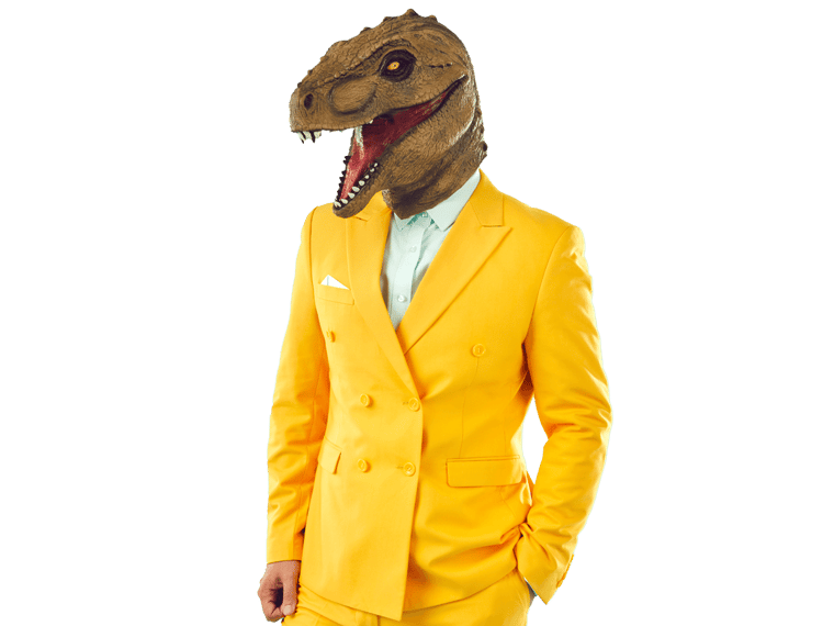 Museum translation services showing a man wearing dinosaur mask