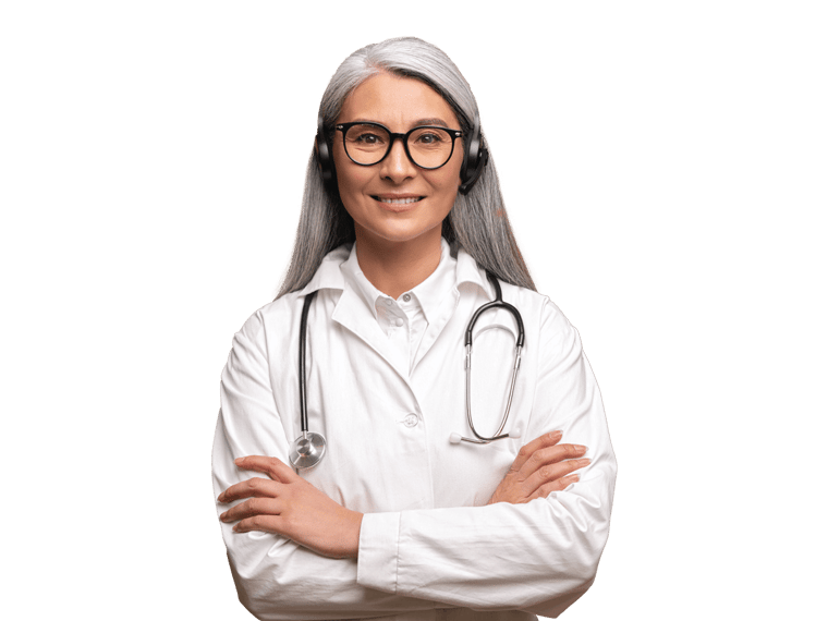 NHS interpreting services, A medical interpreter wearing a white doctor’s uniform, a stethoscope, and a headset, smiling with arms folded.