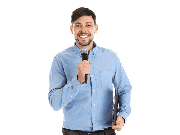 Norwegian interpreting services man smiling while holding a microphone.