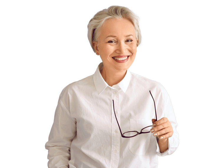 Notarised translation services, An elderly woman in the legal profession, smiling and wearing a white dress with glasses.