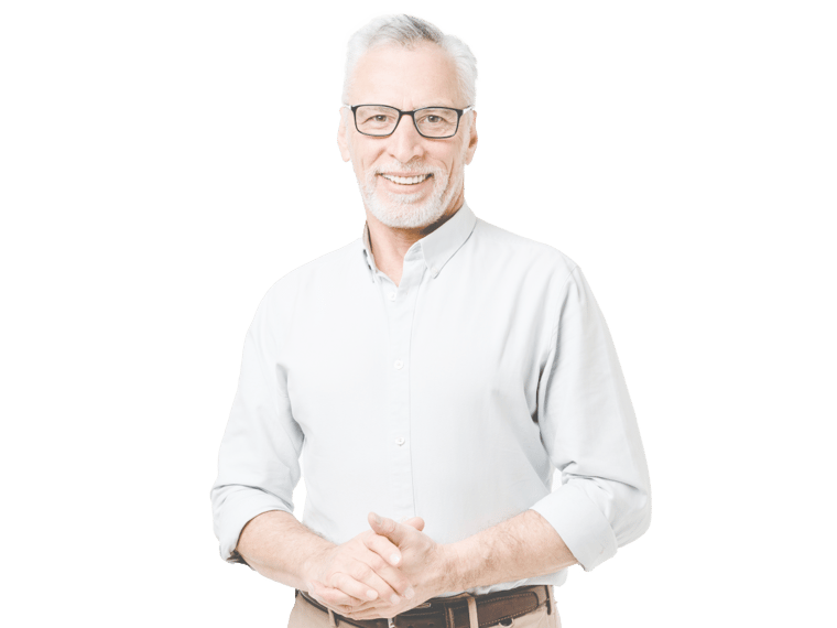 Passport translation services, Happy mature middle-aged senior businessman teacher grandfather freelancer.
