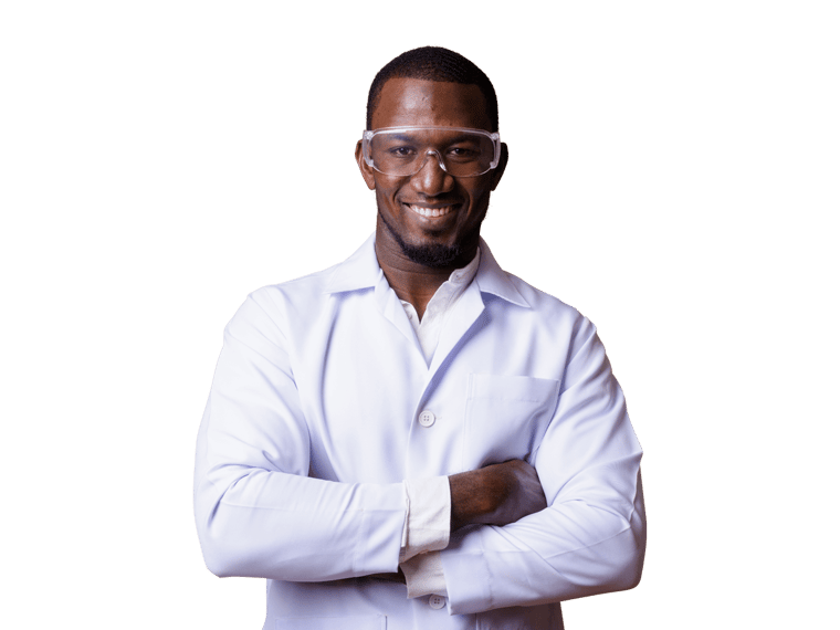Plastics translation services professional man wearing a lab coat and glasses