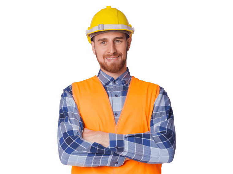 Polish technical translation services Construction worker in orange vest and hard hat.