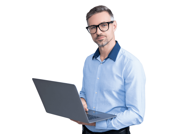 Polish website translation services man wearing glasses holds a laptop