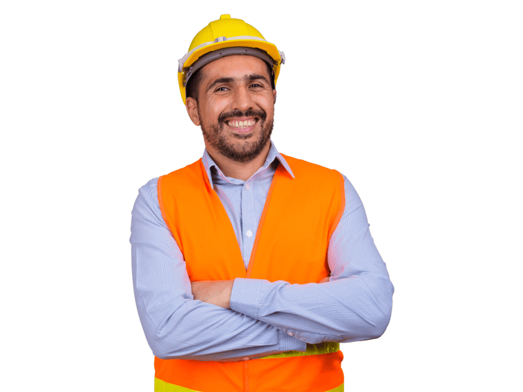 Portuguese technical translations services man smiling wearing orange vest and yellow hat