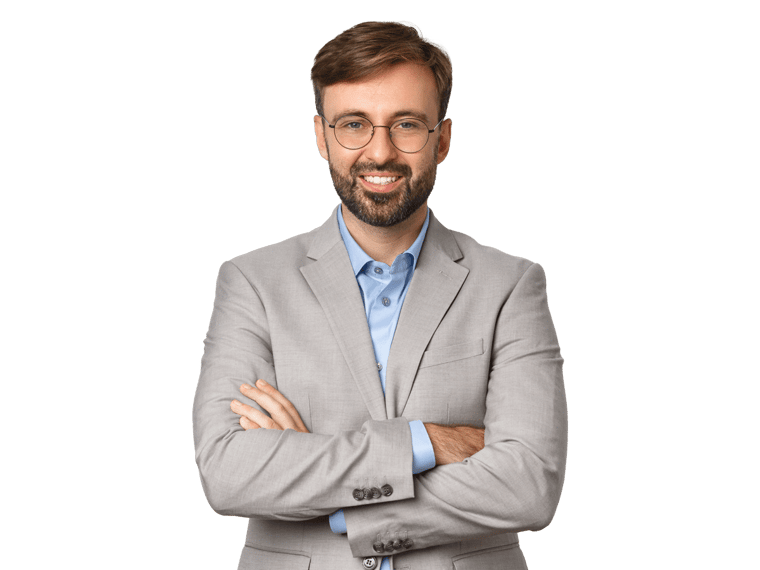 Premarital agreements certified professional with glasses in gray suit folded arms