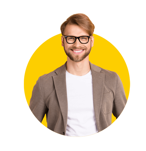 Bahasa Indonesian localisation services by Absolute translations, Photo of optimistic nice blond hair man wear spectacles grey jacket isolated on beige color background. 
