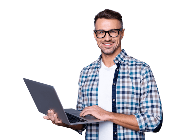 Website translation services, Handsome man holding laptop  and browsing some websites