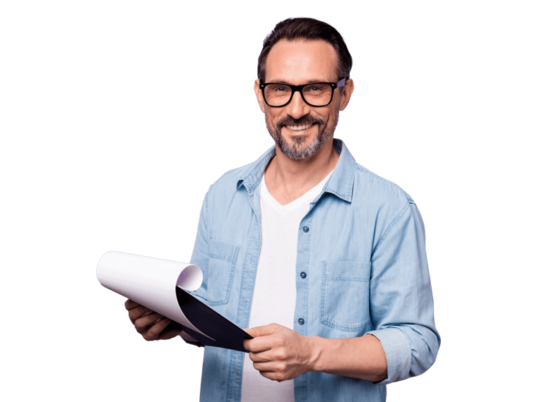 Professional Proofreading services uk, A middle-aged man, smiling and wearing reading glasses, holds a paper, ready for proofreading.