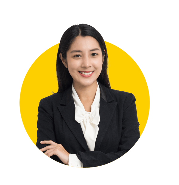 Professional Indonesian translation services by Absolute Translations, young Asian businesswoman smiling and posing against white background.