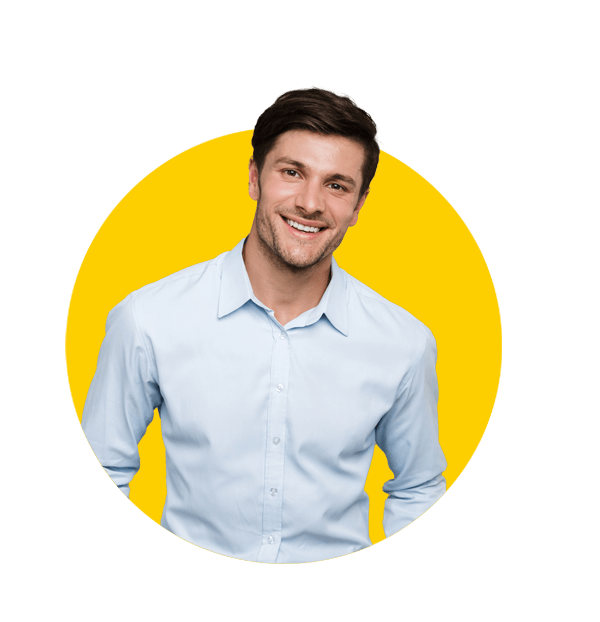 Pr translations UK, Image of happy brunette man wearing formal clothes smiling at camera with hands in pockets isolated over gray background.