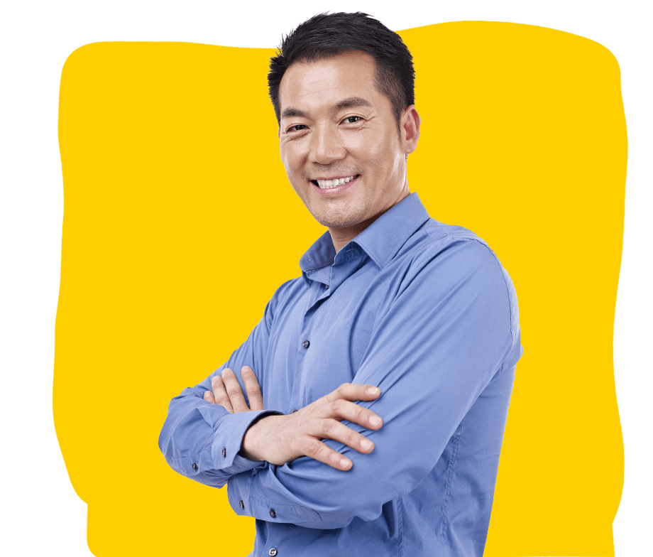 Uzbek proofreading services, A middle-aged Japanese man wearing office attire with a purple shirt, smiling confidently.