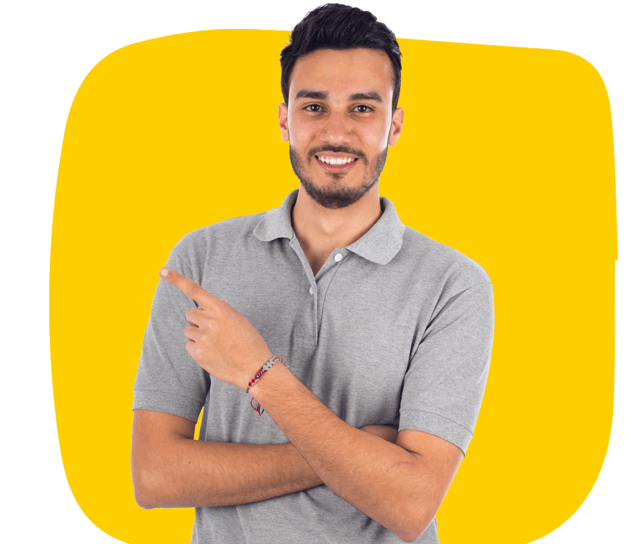 Young Egyptian translation specialist smiling and pointing wearing a grey shirt