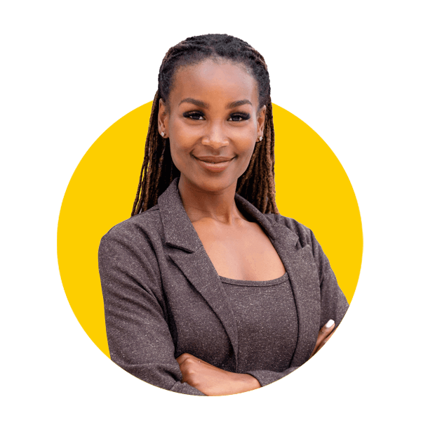 Professional Lingala translation services by Absolute Translations, beautiful African American female CEO in a suit, standing confidently.