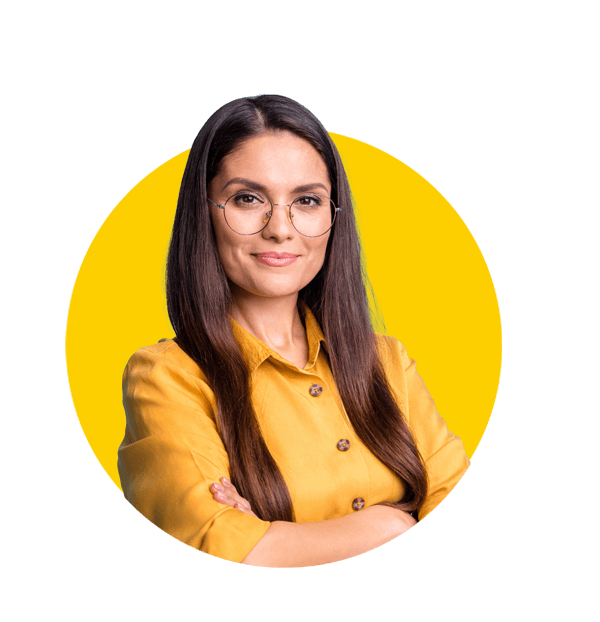 Professional Lithuanian translation services by Absolute Translations, smart businesswoman with crossed arms, isolated on vibrant blue background.