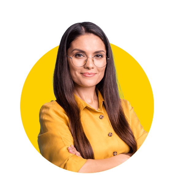 Professional Lithuanian Interpreting services by Absolute Translations, smart businesswoman with crossed arms, isolated on vibrant blue background.