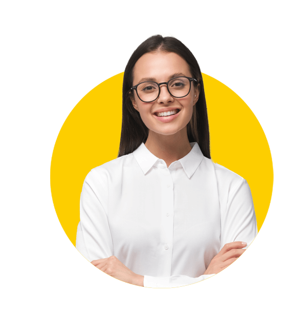 Professional paris translation services, Young business girl in white collar shirt and eyeglasses laughing happily.