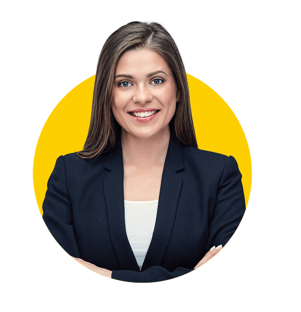 Political translations uk, Isolated studio portrait of smiling business woman wearing black suit standing with crossed arms.
