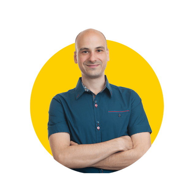 Slovene translation services by Absolute Translations, happy smiling confident bald man isolated on white background.