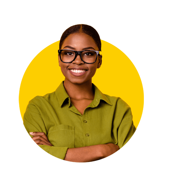 Swahili translation services by Absolute Translations, portrait of attractive cheerful brunette HR executive with folded arms, isolated on bright yellow background.