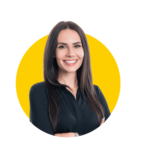 Swedish translation services by Absolute Translations, happy Caucasian woman CEO isolated on white background.