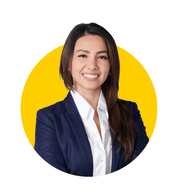Tagalog translation services by Absolute Translations, smiling businesswoman in blue suit and white shirt isolated on white background.