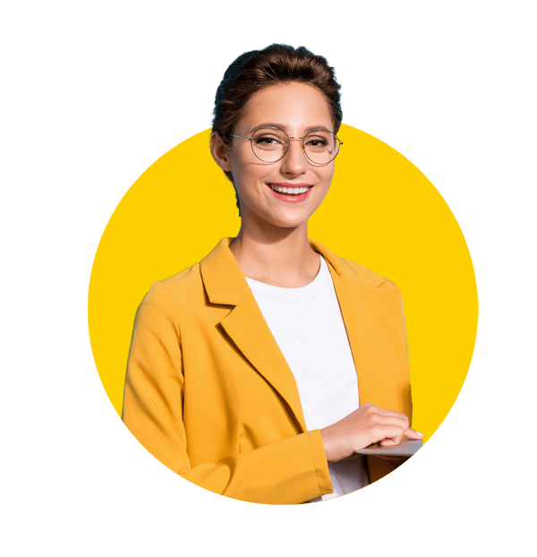 Technology translations uk, Photo of young girl happy positive smile work laptop programmer confident isolated over blue color background.