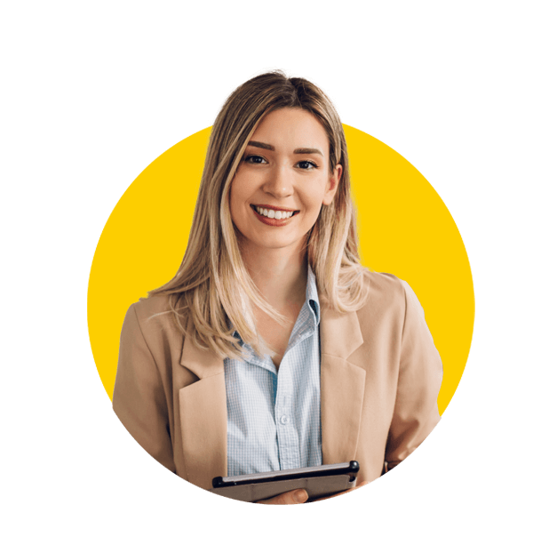 Tamil translation services by Absolute Translations, attractive young brunette woman wearing glasses and a light business shirt.