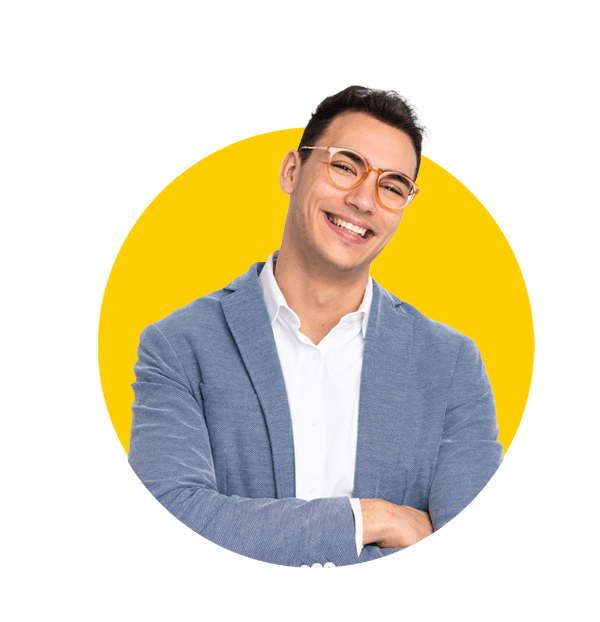 Vietnamese translation services by Absolute Translations, young handsome businessman wearing glasses and smiling on isolated background.