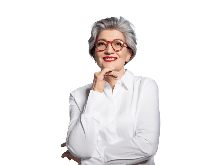 Publications translation services older woman with glasses and a white shirt