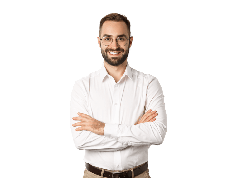 Quick translation services bearded man with glasses arms crossed