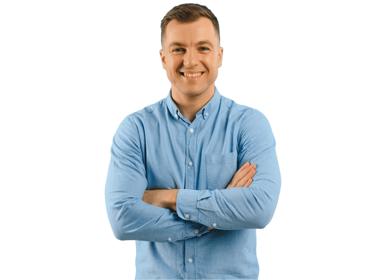 Russian translation services, Portrait of handsome young man with beautiful big white toothy smile posing on blue background.