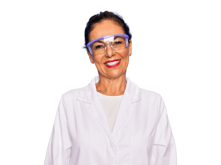 Scientific translation services woman in a lab coat and glasses